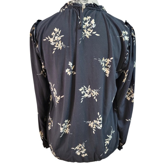 J. Crew Blouse Women Small Black Tan Floral Smocked Ruffle Trim Long Sleeve - Picture 4 of 10